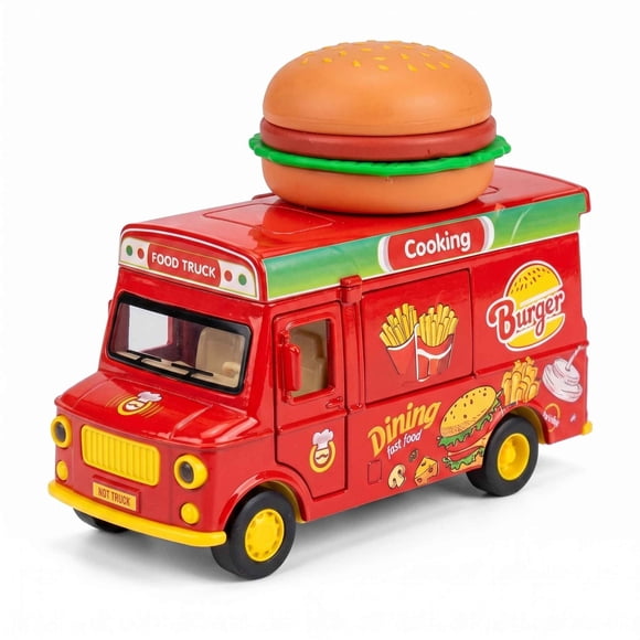 Funtogether Toys Die-cast Food Truck Toy for Kids, Realistic Pull Back Alloy Play Vehicle with Lights, Music & Magnetic Sensor, Opening Doors