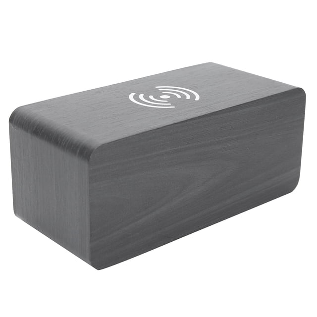 Reloj de madera alarma teléfono móvil carga inalámbrica Control de voz de madera multifuncional luz verde de madera negra