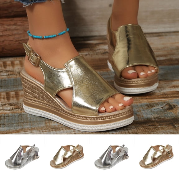 Women's Metallic Wedge Sandals, Peep Toe Adjustable Buckle Shoes, Comfortable Wide Width Casual Dress Sandals for Daily Party Summer, Gold/Silver
