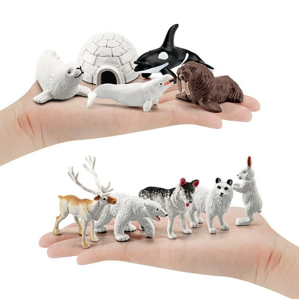 Juego de 18 figuras de animales de juguete del Ártico polar que incluye lobo blanco, búho blanco, conejo ártico blanco, husky ártico y modelo animal de simulación de iglú, regalo para niños