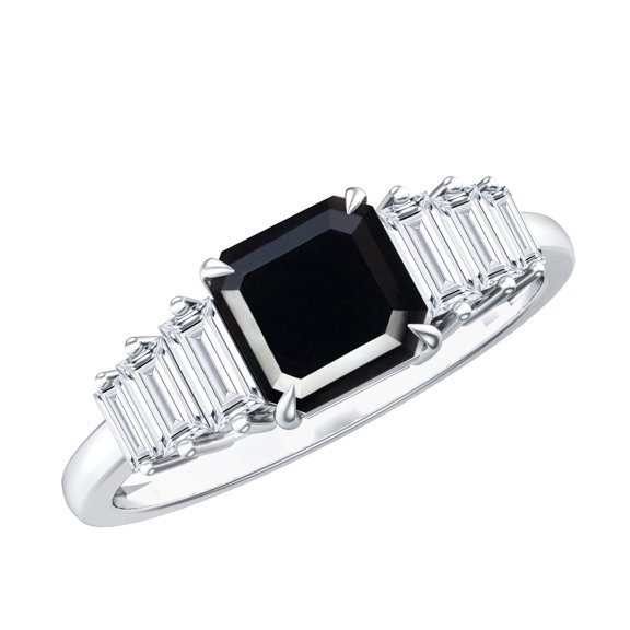 Rosec Jewels Asscher Cut Black Onyx Ring with Moissanite for Women - 6 mm - AAA Grade, 925 Sterling Silver, US 4.00