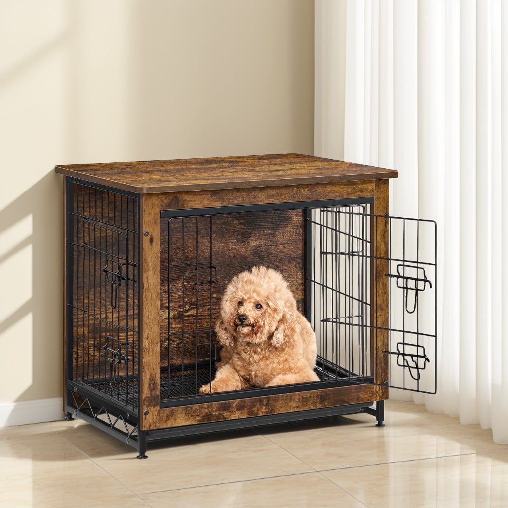 LEDREM Dog Crate Furniture, 27.2-Inch Indoor Dog Kennel with Double Doors, Removable Tray, Side Table, for Small Dogs up to 30 lb, Rustic Brown