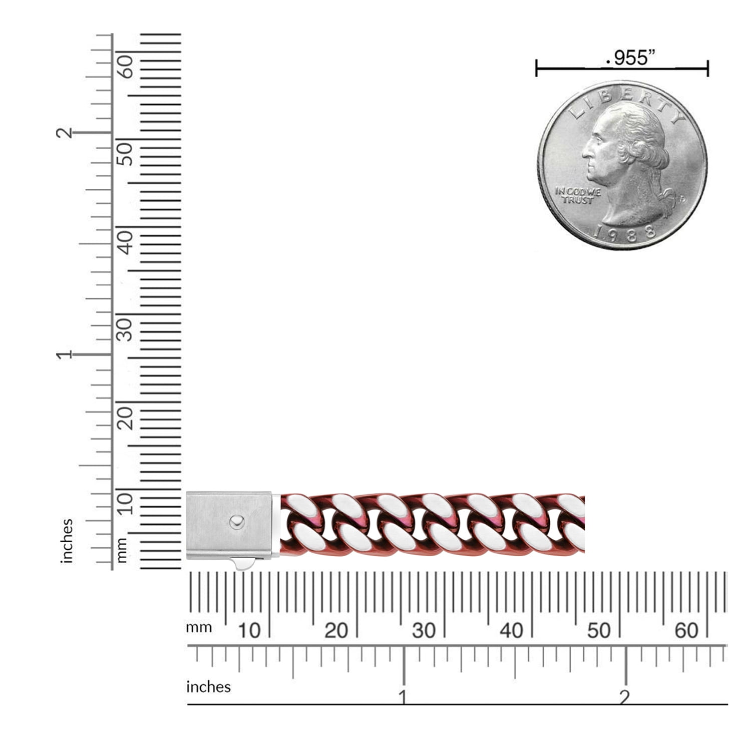 Curb Chain Bracelet for Men in Stainless Steel with Red Ion Plating - 9 Inches Long 12 MM Wide with Push Lock