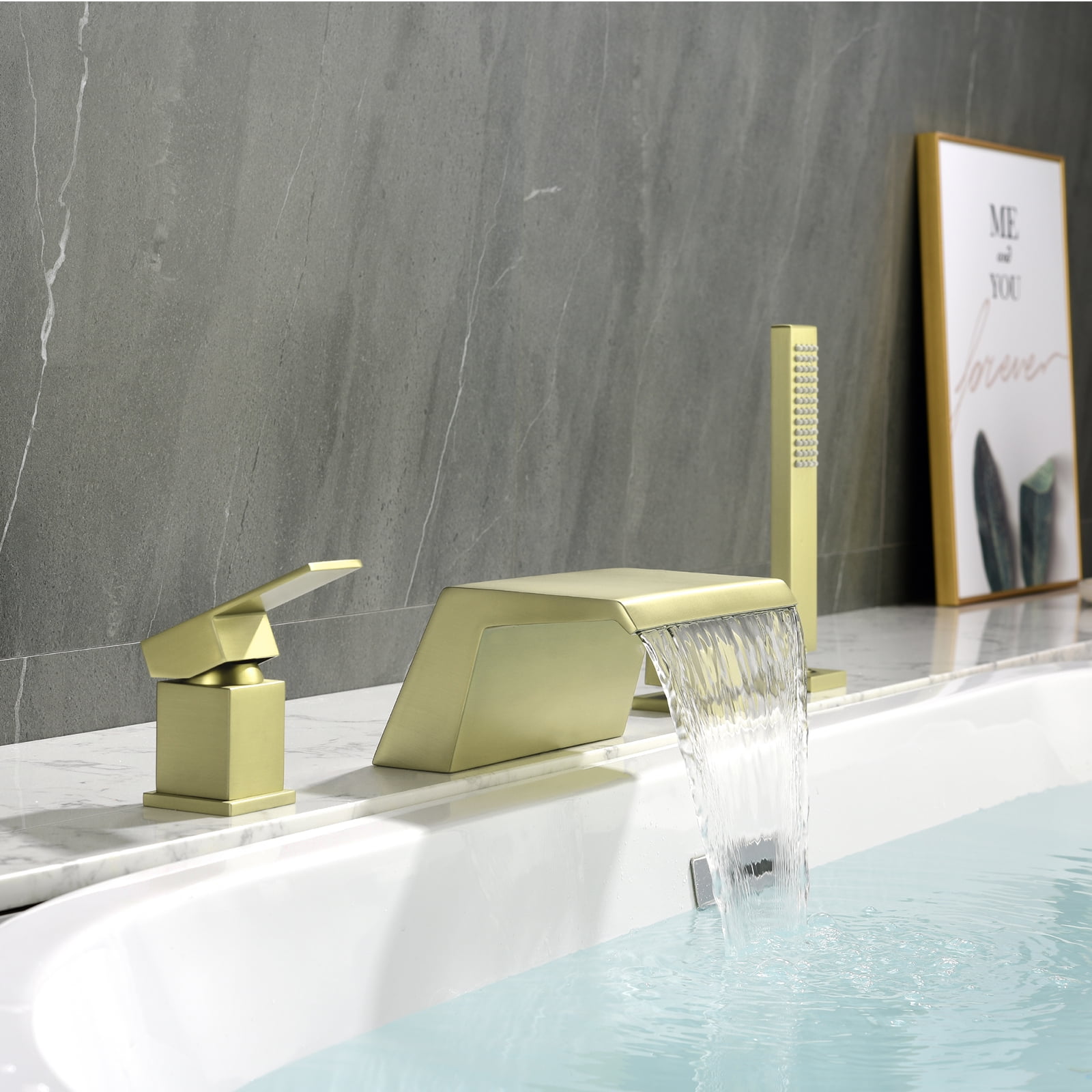 Cobbe Waterfall Bathroom Bathtub Faucet Set with 7.09-Inch Wide Tub Spout and Hand Shower Single Handle Control 4-Hole Mount Brushed Gold