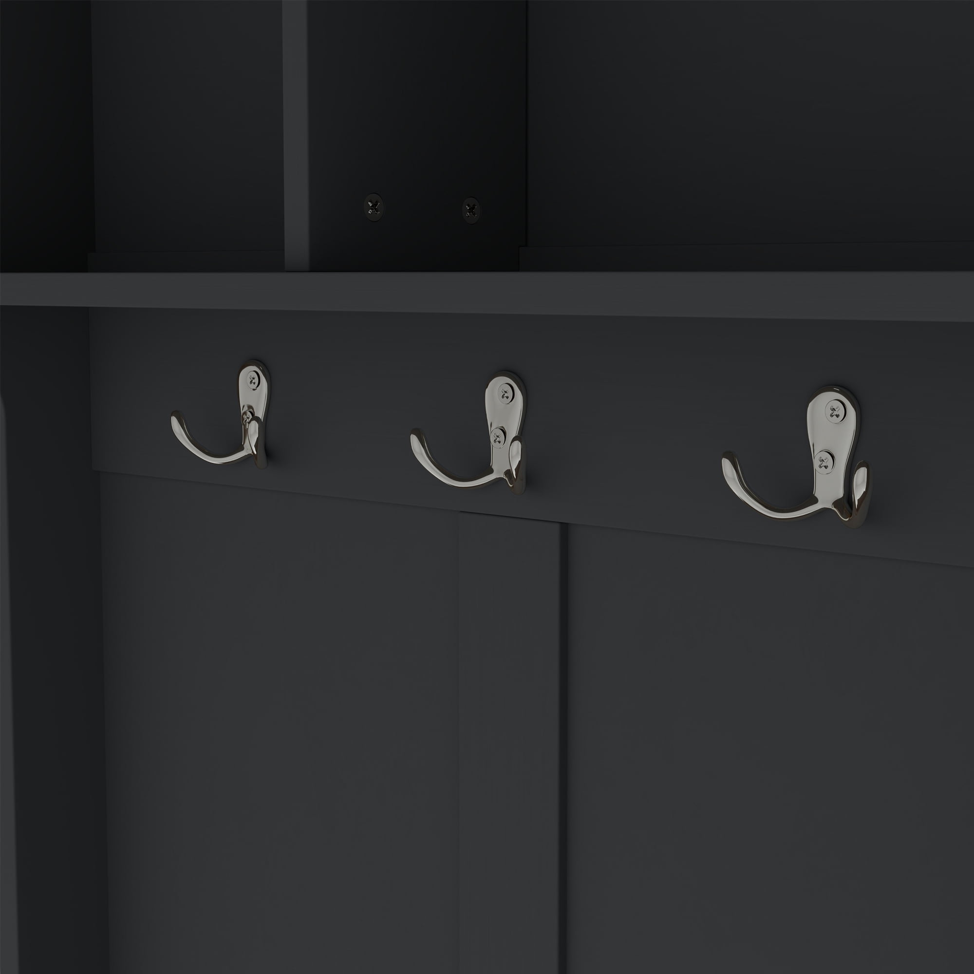 T-Foyer Modern Black Hall Tree with 6 Hooks & Bench, Wooden Rustic Entryway Organizer with Open Storage