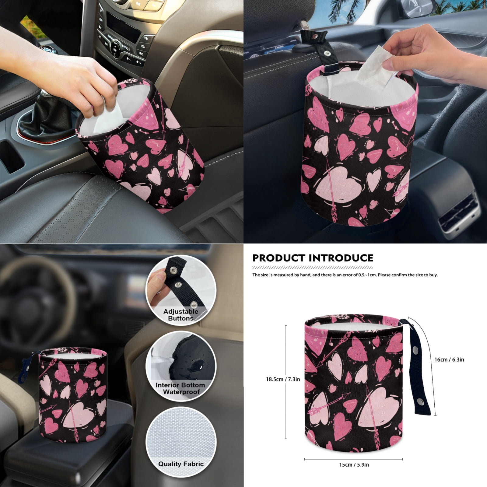 Jeiento Love Heart 14 PCS Car Seat Covers Set with Steering Wheel Cover Seat Belt Pads Garbage Bag Armrest Seat Box Cover Handbrake Cover Set Rear View Mirror Protector Coasters Auto Accessory