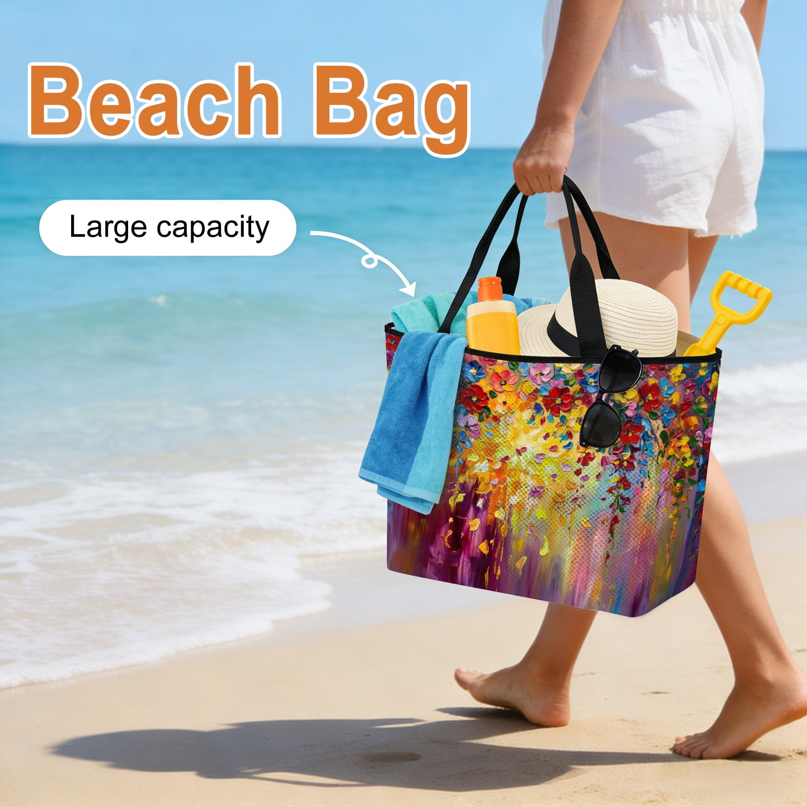 Purple Floral Beach Bag for Women, Large Breathable Mesh Beach Tote Bag, Modern Abstract Art Flowers Sandproof Lightweight Travel Bags for Vacation Picnic Swimming Pool 15.7"x15.7"x9.1"