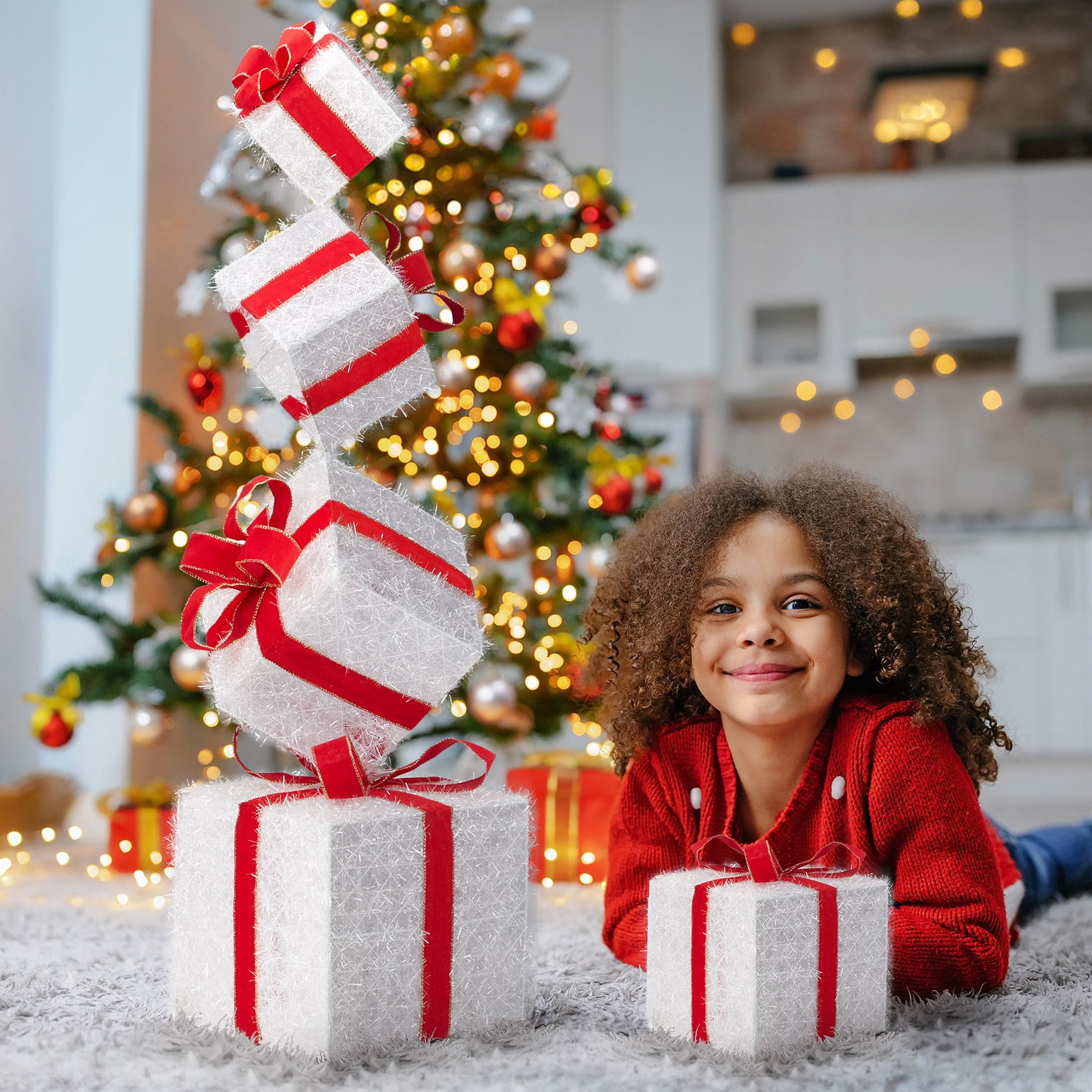 Astoutdoor Lighted Gift Box Tower, 3 ft Pre-lit Stacked Present Boxes with 80 LED Warm White Lights and Ground Stakes for Christmas Indoor Outdoor Decor