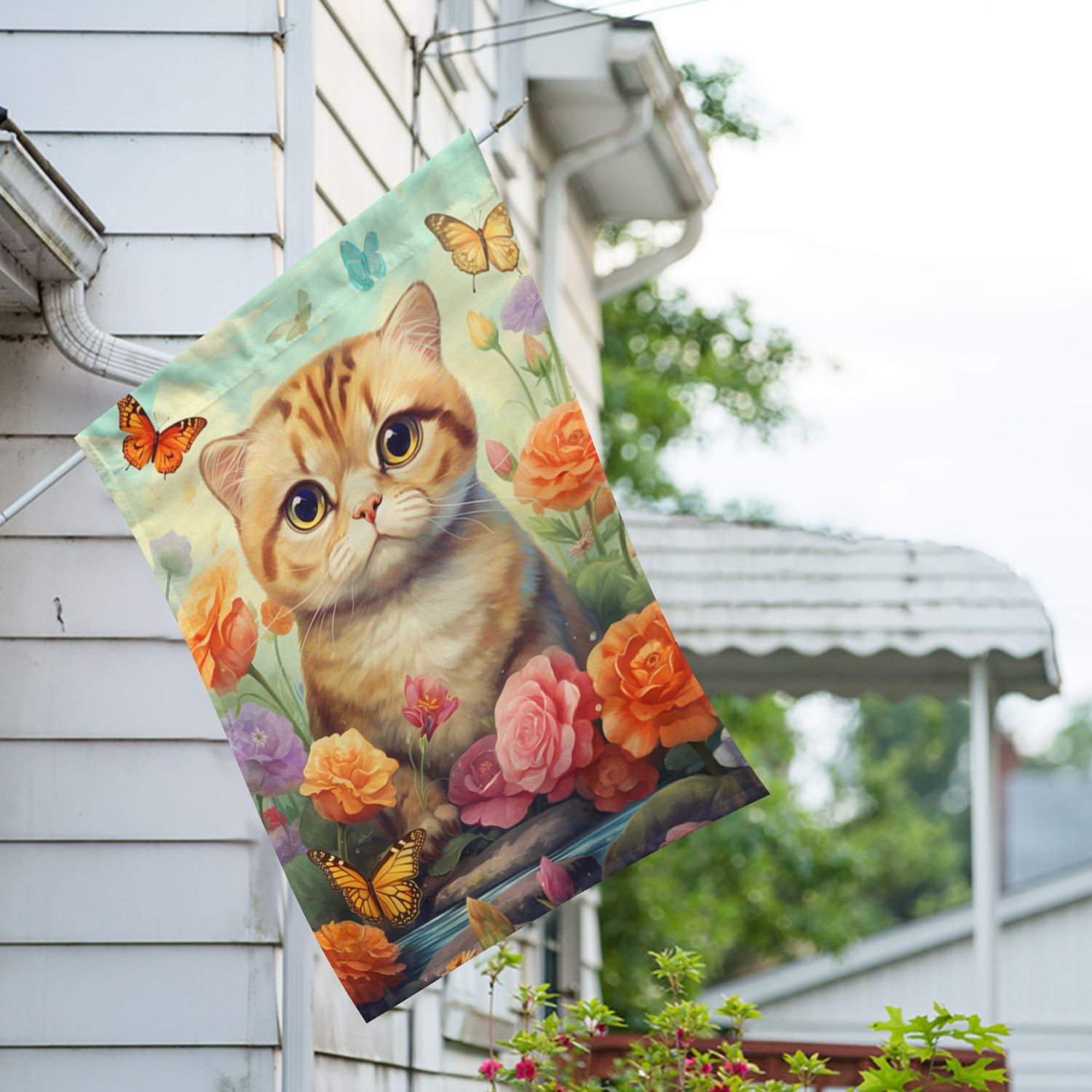 America Forever Spring Cat House Flag 28 x 40 inch Double Sided Kitty Roses Floral Summer Spring House Flag for Outdoor Tabby Cat Flag Yard Decoration