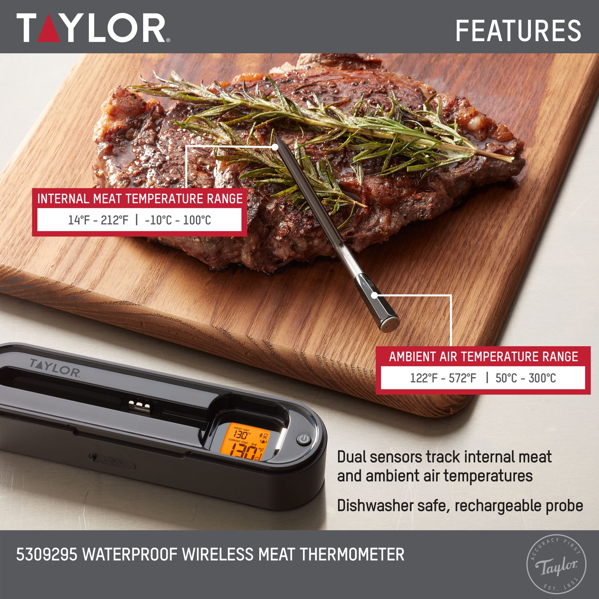 Taylor Waterproof Bluetooth Digital Wireless Grill and Meat Thermometer with Smart Probe Black
