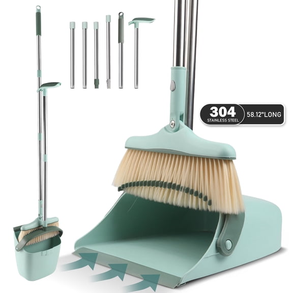 JUNLIN Upgrade 58.1''Broom and Dustpan Set for Home, Broom and Dustpan Combo for Home Office, Stand up Broom and Self-Cleaning with Dustpan Teeth,Green