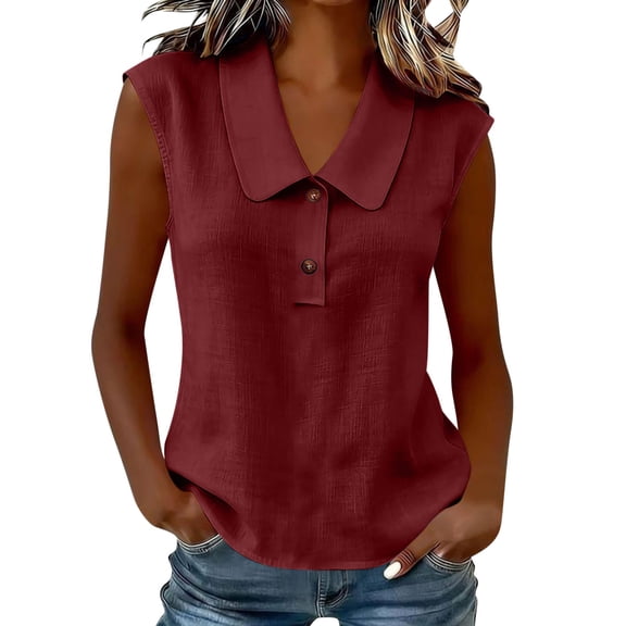 Dvprdro Collared Sleeveless Solid Top for Women Button Front Loose Fit Summer Casual Blouse