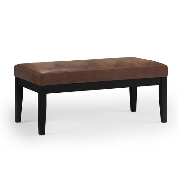 Tufted Ottoman Bench, 42 Inch Wide, Distressed Brown Faux Leather