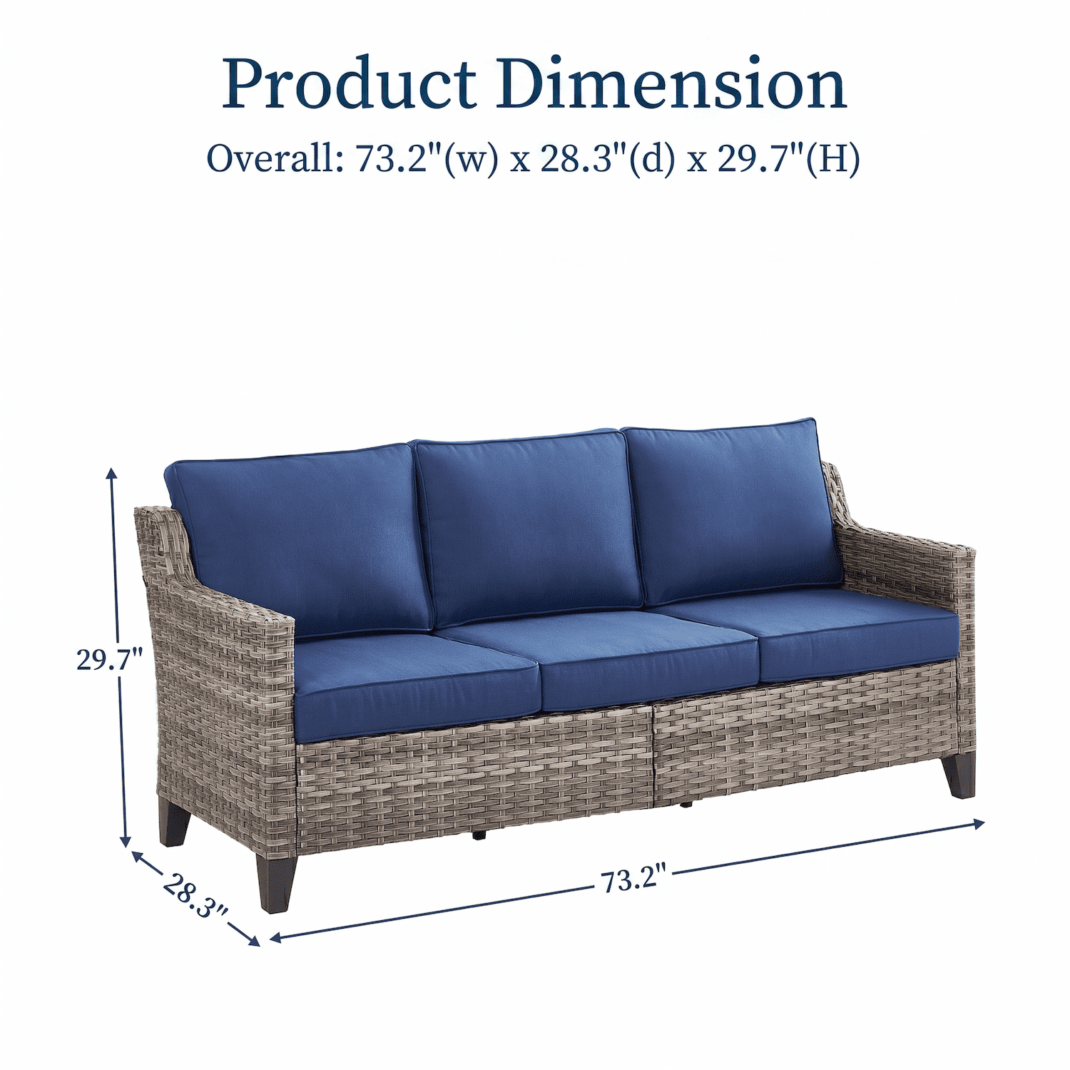 Outdoor Patio Sofa 3 Seat, 73” Wicker Rattan Couch with Cushions, All Weather PE Rattan Outdoor Sofa, Sloped Armrest, Steel Frame, UV Water Resistant Patio Furniture for Balcony Porch Backyard