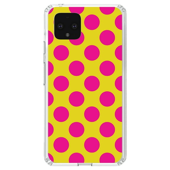 DistinctInk Clear Shockproof Hybrid Case for Google Pixel 4 (5.7" Screen) - TPU Bumper, Acrylic Back, Tempered Glass Screen Protector - Yellow Hot Pink Polka Dots