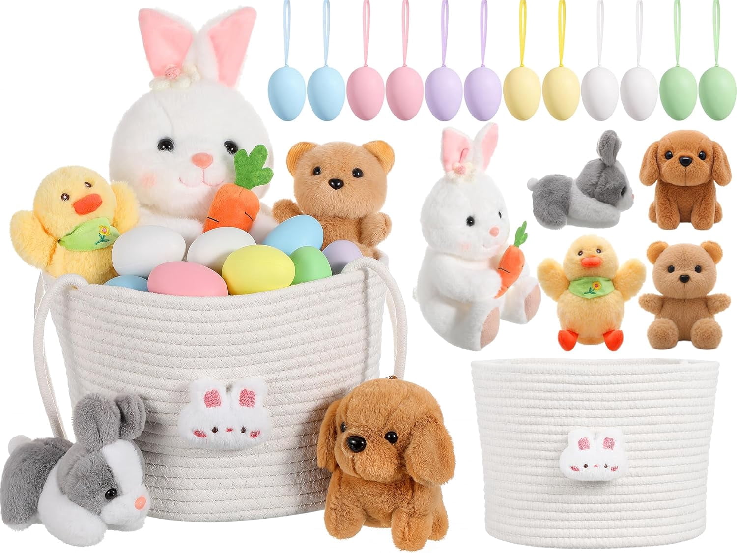 18 Pcs Easter Bunny Gift Basket Toys Easter Basket Plush Stuffers Bunny Rabbit Eggs Plush Animal Toy for Party Favor Picnic Decoration