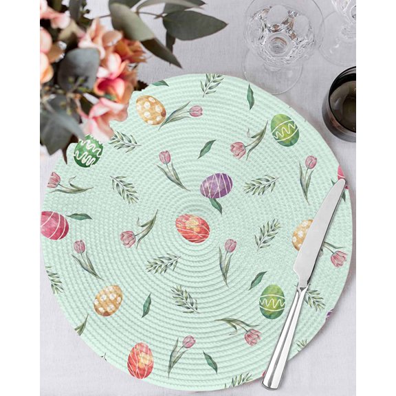 15 Inch Round Placemats Set of 4, Easter Non Slip Heat Insulation PP Table Mats, Spring Colorful Eggs Tulip Flowers Leaf Plant Green Washable Place Mats for Kitchen Dining Party Table Decor