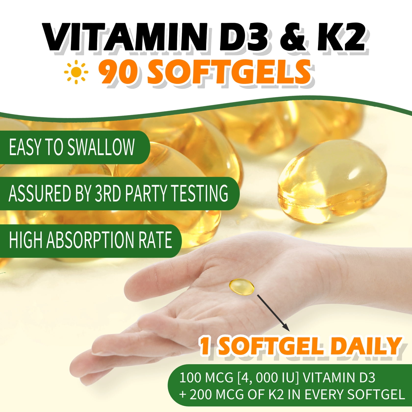 Vitamin D3 + K2 - 4,000 iu D3 + 200 mcg K2 - Supports Immunity, Bone & Brain Health
