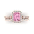 thumbnail image 2 of 2.22 ct Brilliant Emerald Cut Pink Zircon 14k Rose Gold Halo Solitaire with Accents Engagement Bridal Wedding Ring Band Set size 8.75, 2 of 7