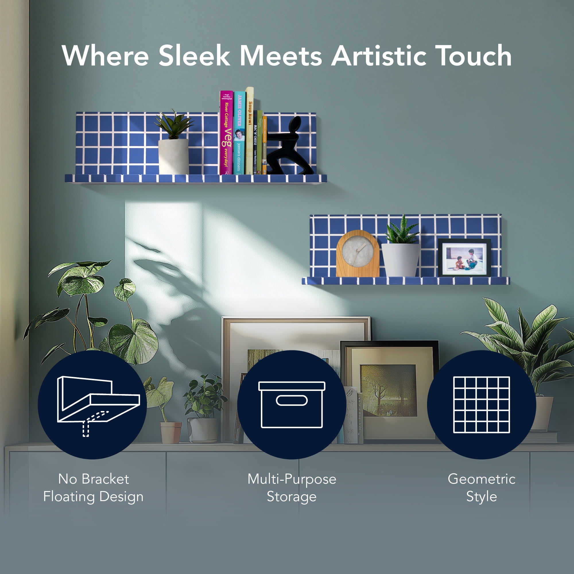 American Art Decor 2pc Stylish Retro Wavey Tile Floating Shelves for Wall & Storage - Blue