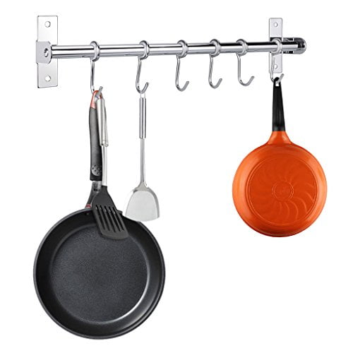 Sumnacon Stainless Steel Pot Pan Rack 15 7 Inch Wall Mounted Rail Kitchen Utensil Pot Pan Lid Storage Organizer Cookware Holder With 6 Hooks Walmart Com Walmart Com