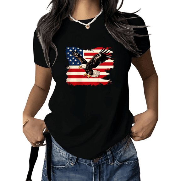 Cozymy Women's Patriotic Eagle Graphic Short Sleeve T-Shirt American Flag Design Cotton Crewneck Loose Fit Casual Everyday Tops