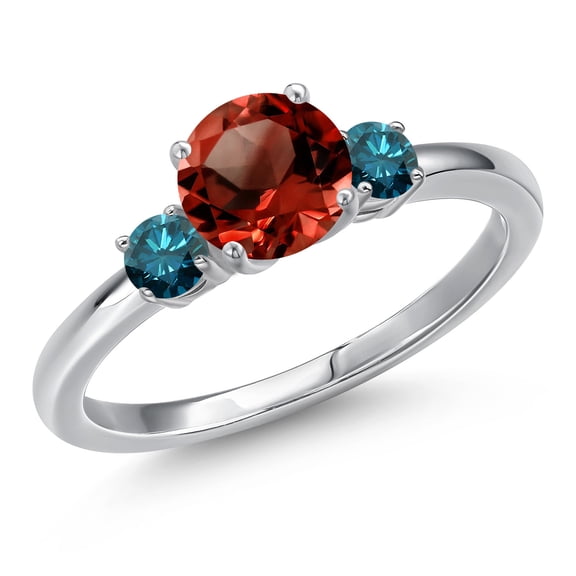 Gem Stone King 14K White Gold Red Garnet and Blue Diamond Engagement Ring for Women | 1.40 Cttw | Round 6.5MM | Gemstone January Birthstone | Size 6