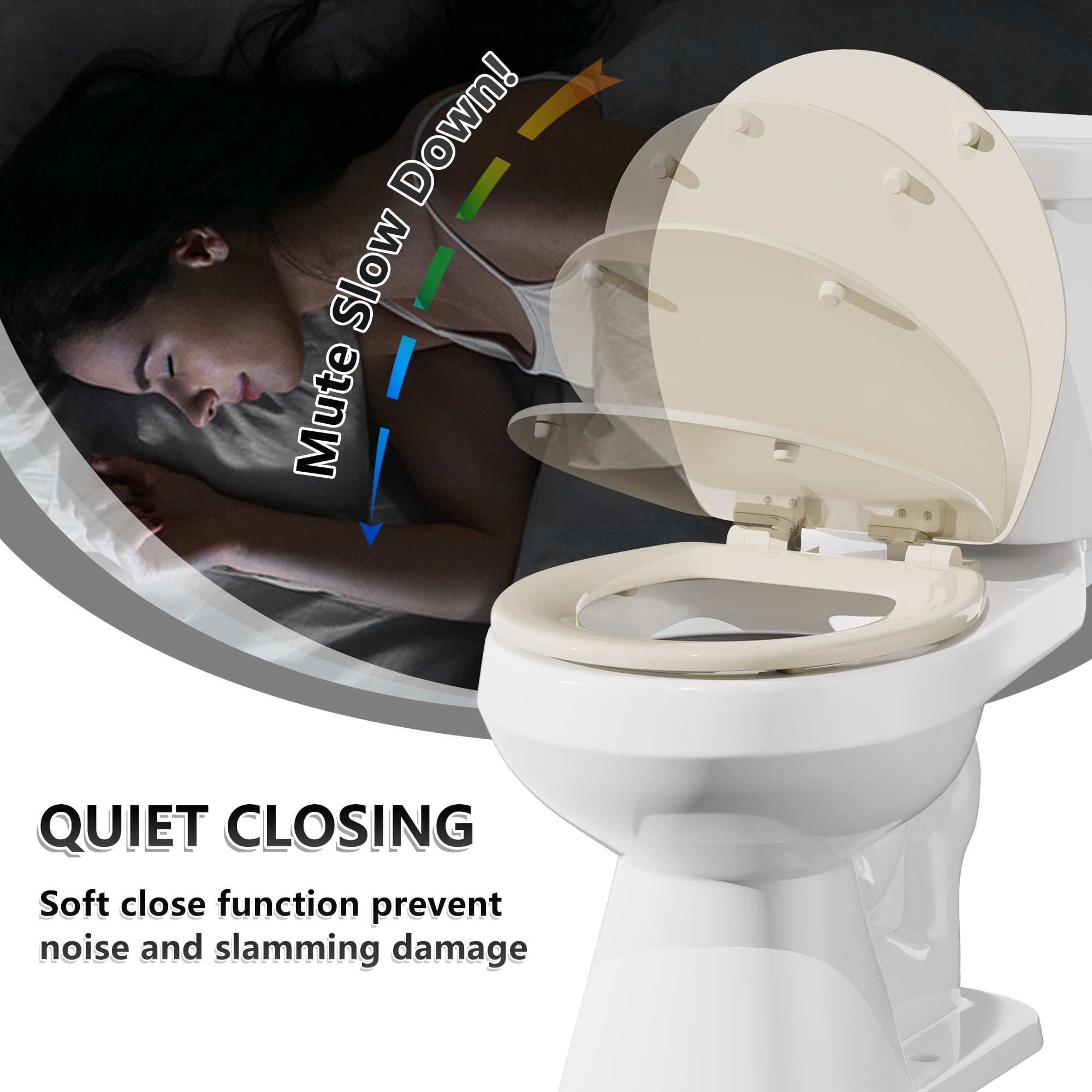 Angol Shiold Wood Toilet Seat with Non-Slip Adjustable Hinges, Quiet-Close ( Beige, Round 16.5'' )