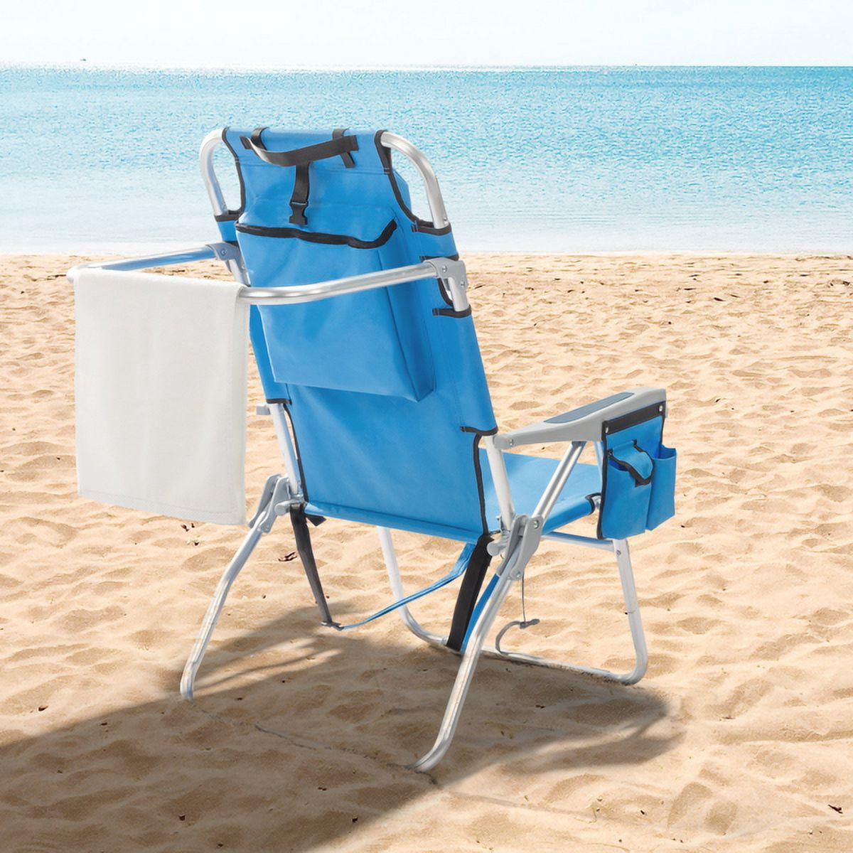 Blue Elevated Beach Chair - 5-Position Adjustable Aluminum Frame, 600D Polyester, Cup Holder & Storage for Outdoor Activities