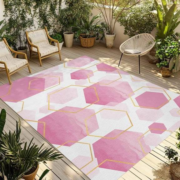 Fsddascl Pink Geometric Outdoor Rug for Patio/Deck/Porch, Non-Slip Large Area Rug 4 x 6 Ft, Gold White Hexagon Modern Gradient Indoor Outdoor Rugs Washable Area Rugs, Reversible Camping Rug Carpet