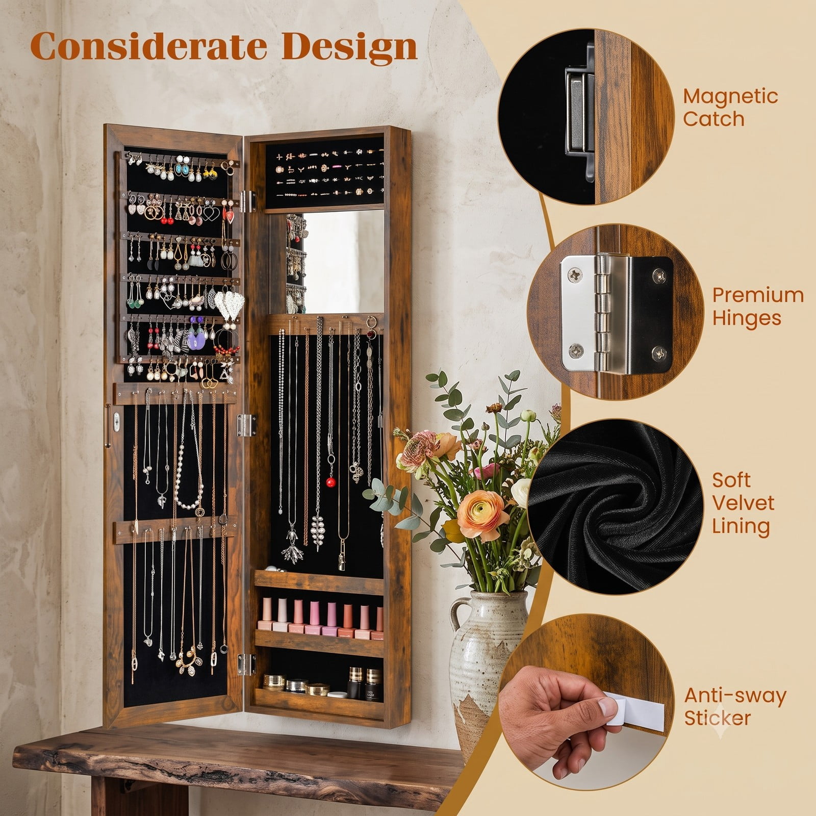 Furnibear Wall and Door Mounted Jewelry Cabinet with Full-Length Mirror, Ring Slots, and Necklace Hooks for Bedroom, Rustic Brown