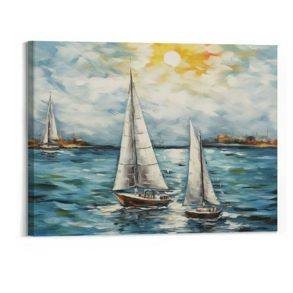 Creowell  Sailboat Wall Art Canvas: Coastal Wall Art Sailing Boat Paintings Nautical Sailboat Picture Artwork for Walls (20x16 Inch)