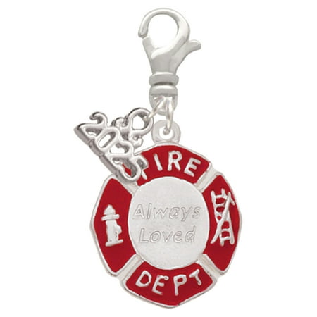 Delight Jewelry Silver-tone Red Always Loved Fire Department Shield - Silver-tone Clip on Charm with Mini Year 2025