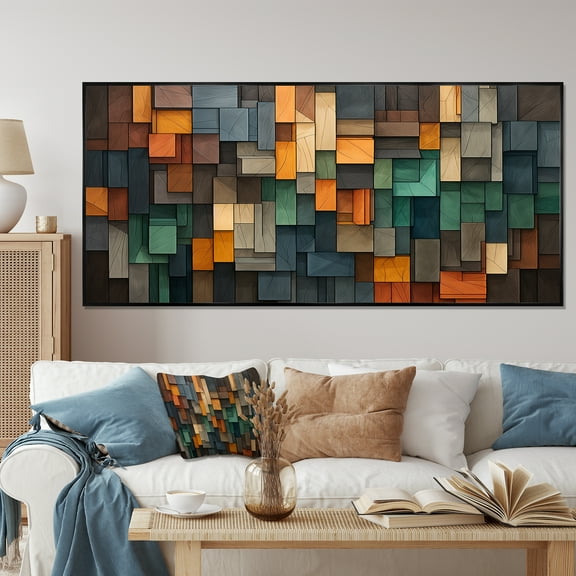 Designart "Mosaic Cubes Rain in Green and Yellow" Extra Large Abstract Framed Wall Art - Transitional Green Abstract Tile Entryway Framed Wall Art Print