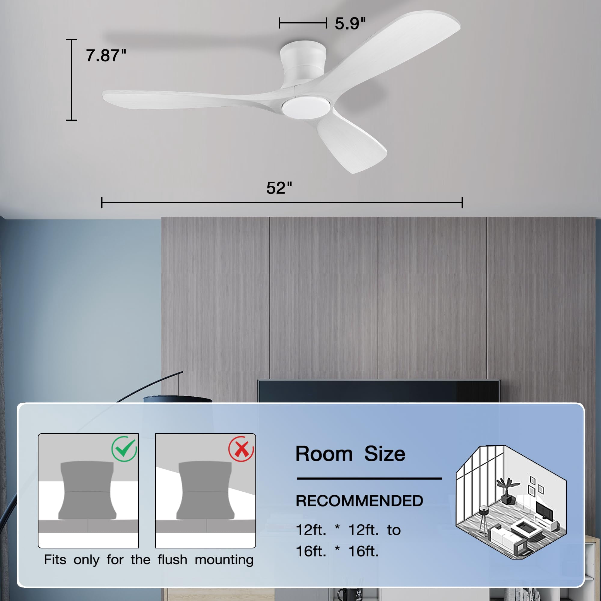 52 Inch Wood Smart Flush Mount Ceiling Fans with Lights and Remote,Quiet DC Motor,Outdoor Indoor Ultra Low Profile Ceiling Fan works with Alexa WIFI APP