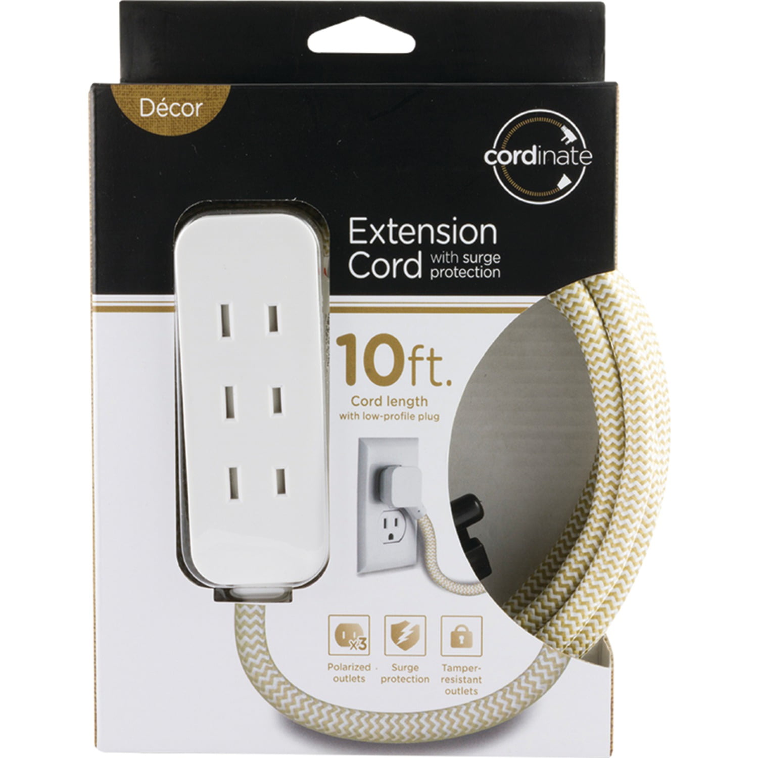 Cordinate 10ft. 3-Outlet Surge Protector, Tan/White, 10ft. Braided – 37916