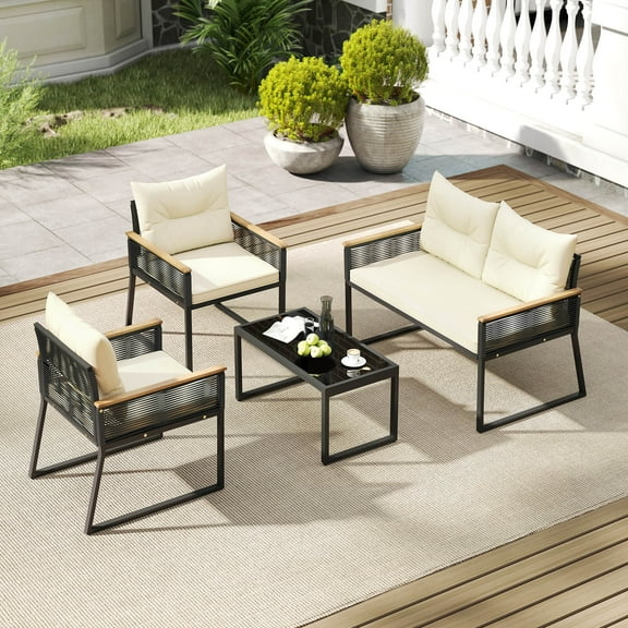 Costway 4 PCS Patio Furniture Set with Tempered Glass Coffee Table PE Wicker Rattan Chairs