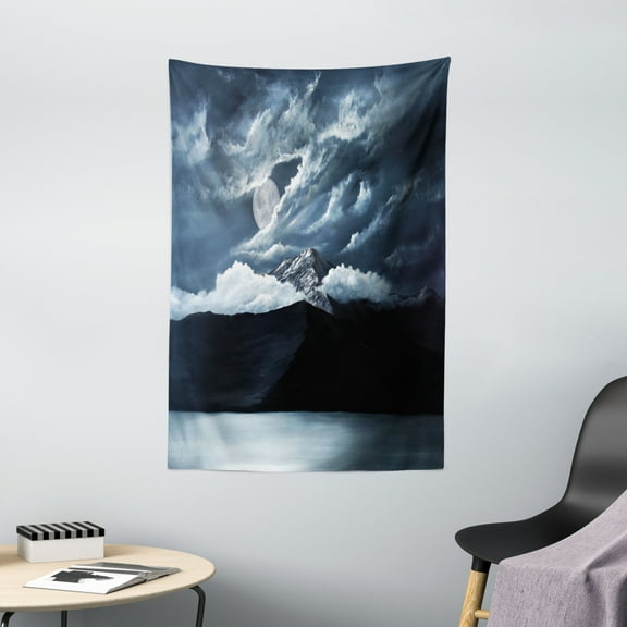 Americana Landscape Decor Tapestry, Moon over Lake and Hills with Dark Storm Clouds Twilight Dawn at Night, Wall Hanging for Bedroom Living Room Dorm Decor, 40W X 60L Inches, Grey, by Ambesonne