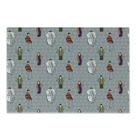 Retro Cutting Board, Flapper Girls 20s Style Pattern Retro Women's Fashion Party Theme Floral Background, Decorative Tempered Glass Cutting and Serving Board, Small Size, Multicolor, by Ambesonne