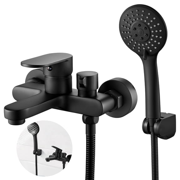 Matte Black Bathtub Faucet with Hand Shower, Wall Mount Tub Faucet Set with 3-Function Sprayer & 1.5m Hose, Single Handle Bath Tub Faucet Mixer Tap for Bathroom