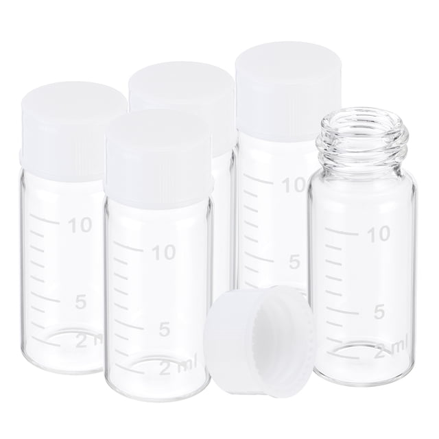 Uxcell Small Glass Sample Bottles with Lids, 5 pcs 10ml Clear Glass Vials with White Screw Caps Mini Leak Proof Reagent Sealed Bottles with Scale for Solid Liquid Powder Storage