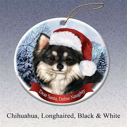 Chihuahua Santa - Holiday Pet Gifts Chihuahua Longhaired Black & White Santa Hat Dog Porcelain Christmas Tree Ornament