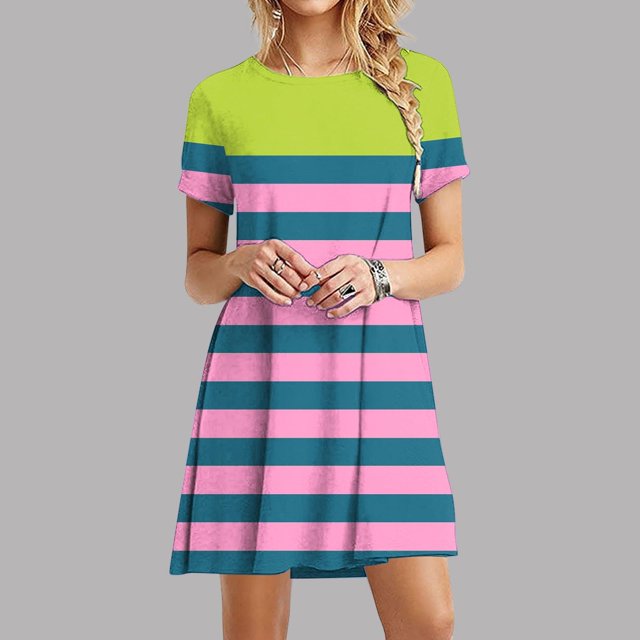 Ovzne Robes d'Été pour Femmes Robe de Plage Femmes Décontractée Imprimée Manches Courtes Col Rond Robe de Vacances Manches Courtes Imprimée Liquidation