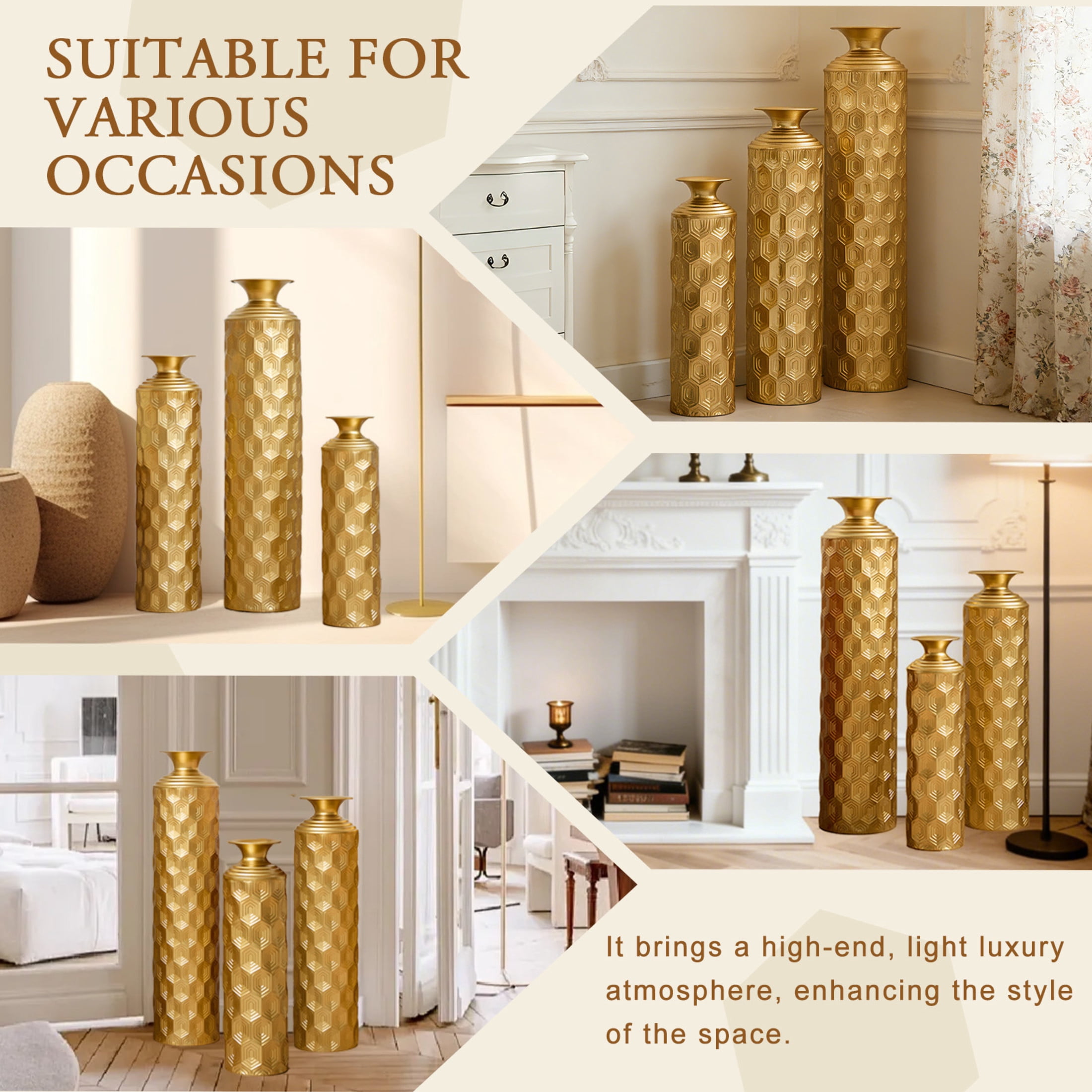 Noble House 3-Piece Gold Metal Floor Vase Set, 33.46", 25.59", 19.69" Hexagon Textured Decorative Vases