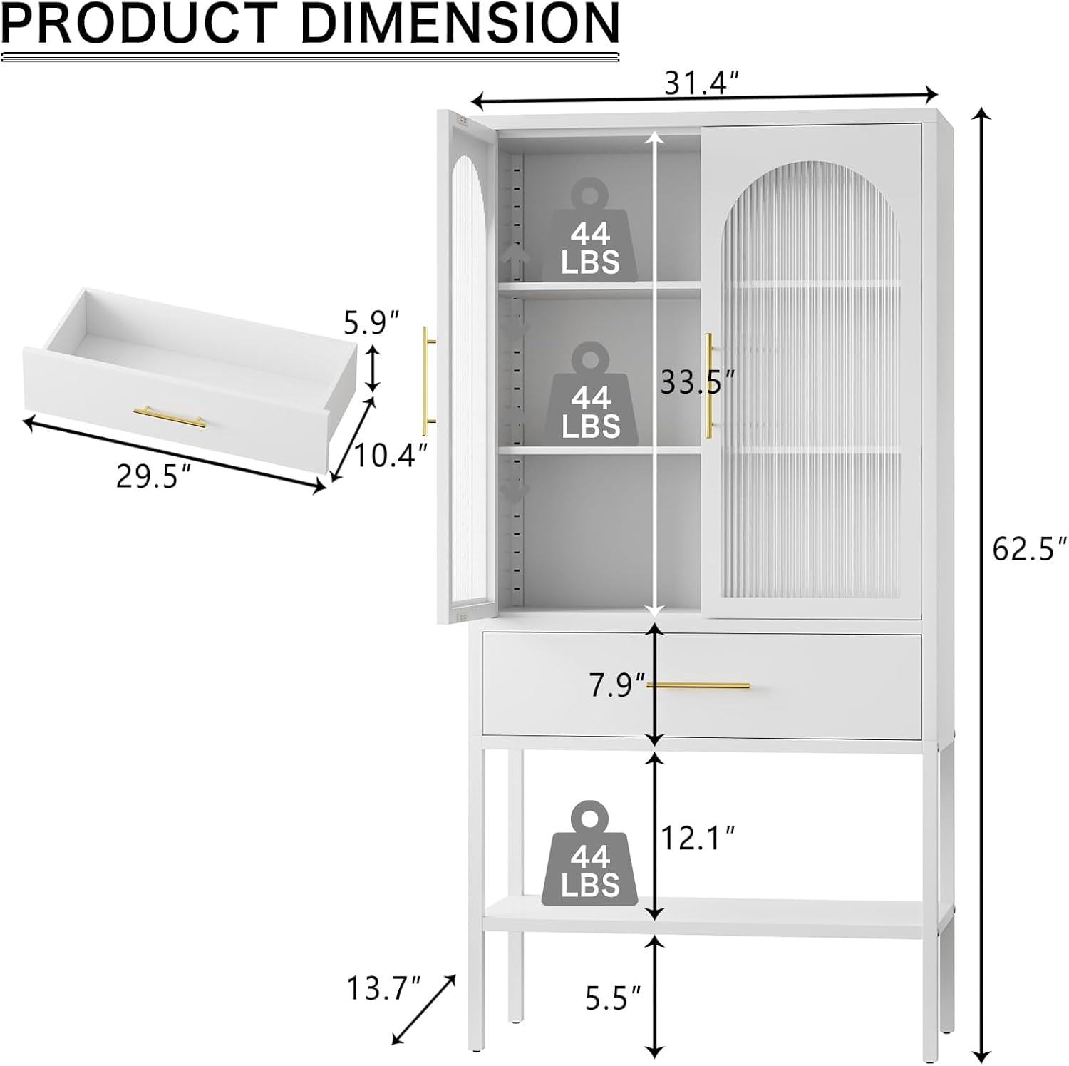 63" Tall Metal Storage Cabinet with Glass Doors, Kitchen Pantry Cabinet with Drawers & Adjustable Shelves, Freestanding Metal Cabinet for Kitchen, Dining Room and Home Organization White