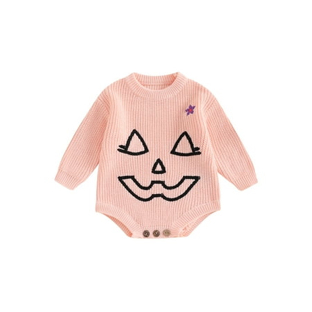 

Baby Girl Halloween Sweater Romper Pumpkin Flower Embroidery Long Sleeve Jumpsuit for Fall Winter