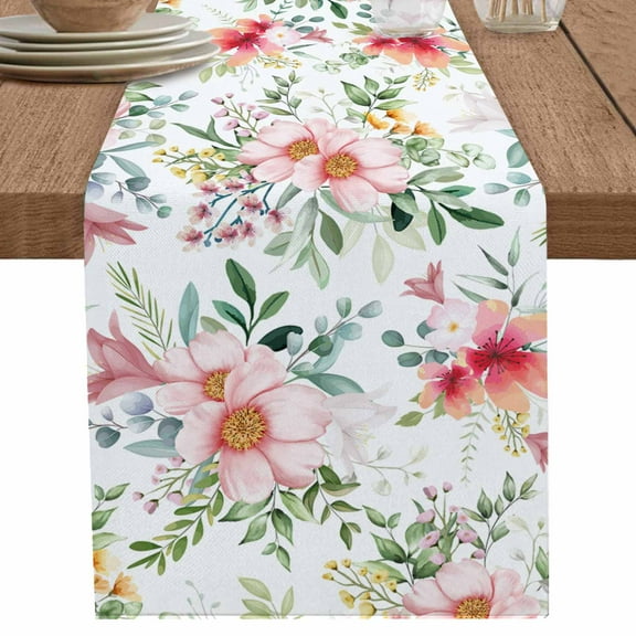 Pink Flower Green Leaves on White Table Runner-70 Inch Long Watercolor Floral Table Runners Linen Burlap Tablerunner for Kitchen Dining Room Holiday Party