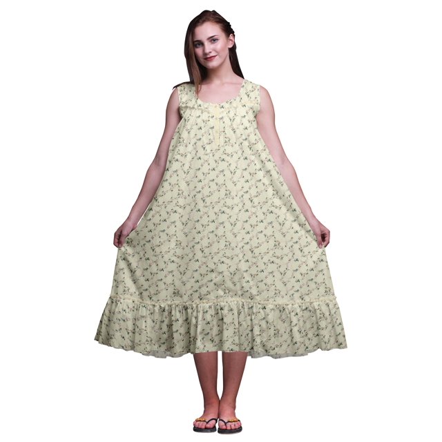 Bimba China Ivory Floral Roses & Ranunculus Printed Cotton Nightgowns For Women Sleeveless Gown Sleepwear Maxi Dress XX-Large