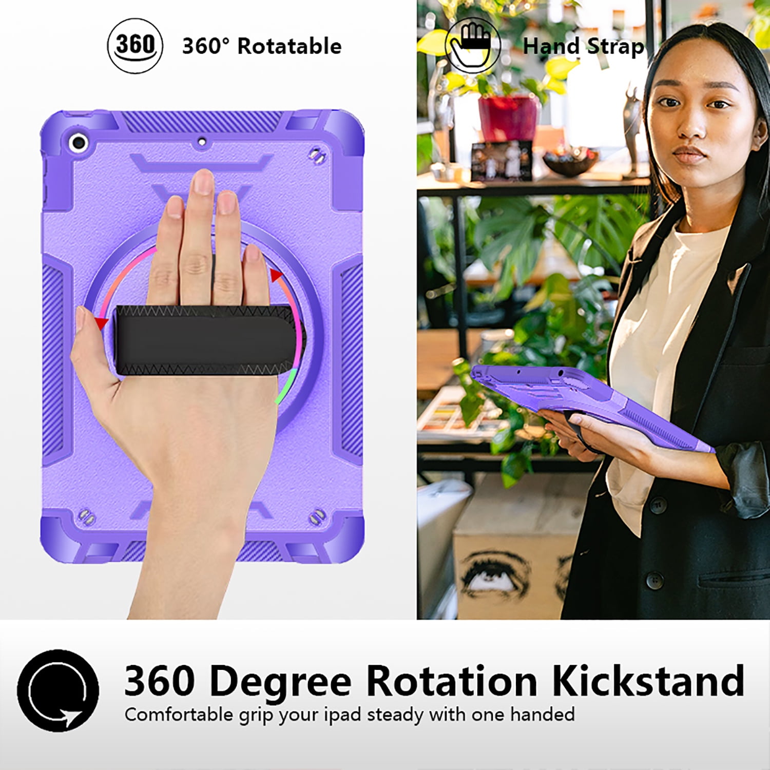 Shockproof Case for Apple iPad 9th/8th/7th Generation, with Pencil Holder Military Grade Protection Rotating Stand Hand Strap Shoulder Strap Bumper Rugged Case for iPad 10.2" 2021/2020/2019, Purple