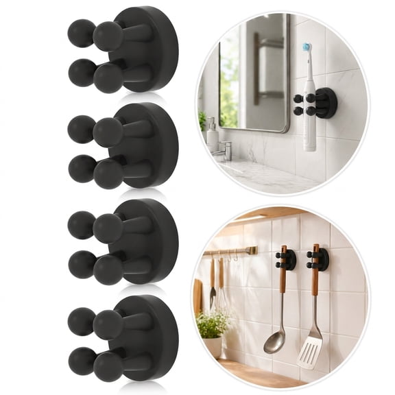 4-Pack Silicone Toothbrush Holder, Self-Adhesive Wall Mount Organizer with Soft 4-Claw Grip, Waterproof No-Drill Rack for Bathroom Shower Kitchen, Matte Black.